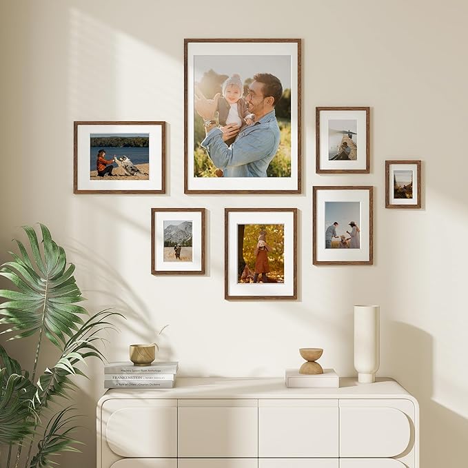 Dreamland Picture Frame 9x12, Solid Oak Wood Photo Frame with Mat for 6x8, 9 x 12 Matted Picture Frames with Resistant Plexiglass for Wall Art Photo and Prints, Walnut Color, Set of 3