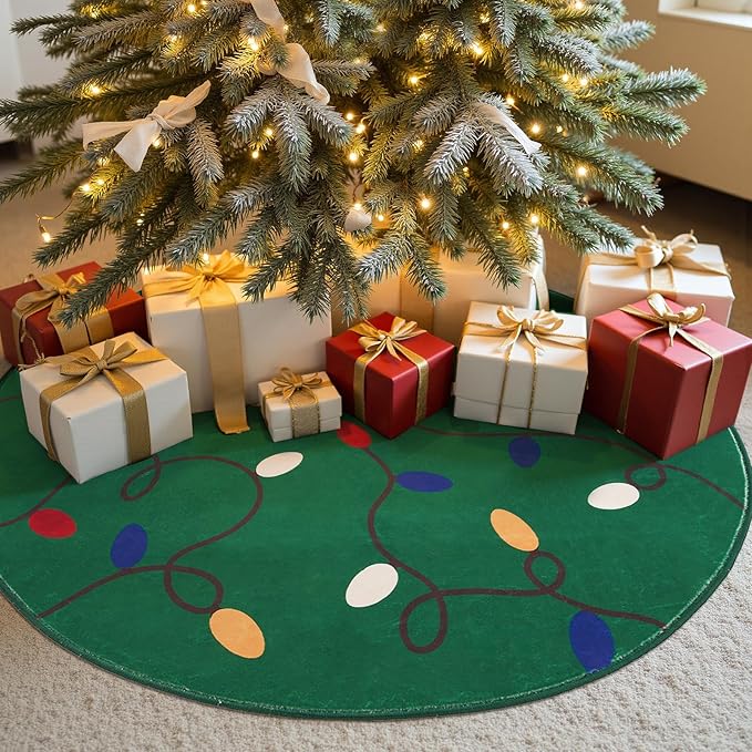 jinchan Jingle Lights Round Christmas Rug for Entryway Bedroom 4ft Green Circle Holiday Rug for Living Room Colored String Lights Printed 4' Xmas Decor Washable Indoor Carpet for Foyer Non-Slip