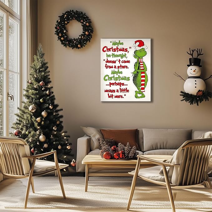 Christmas Canvas Wall Art Decor - “Maybe Christmas Means a Little Bit More” Holiday Quote Decor - 16x20 inch Whimsical Festive Wall Decoration for Room or Office - Premium Quality Canvas Print
