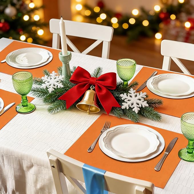 MANSPHIL Fall Orange Placemats Set of 4 Washable Fabric Table Mats Thick Faux Linen Place Mats Heat Resistant Double Layer Wrinkle Free Dining Kitchen Table Decor - 13x19 Inch Oeko Tex Placemat
