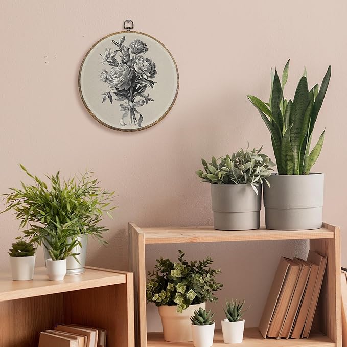 FUGWN Vintage Floral Botanical Round Wall Art Decor Framed, Cottagecore Peony Lily Carnations Flower Canvas Artwork Prints, Retro Floral Wall Hanging Decorations for Home Bedroom Room, 10x10 Inch