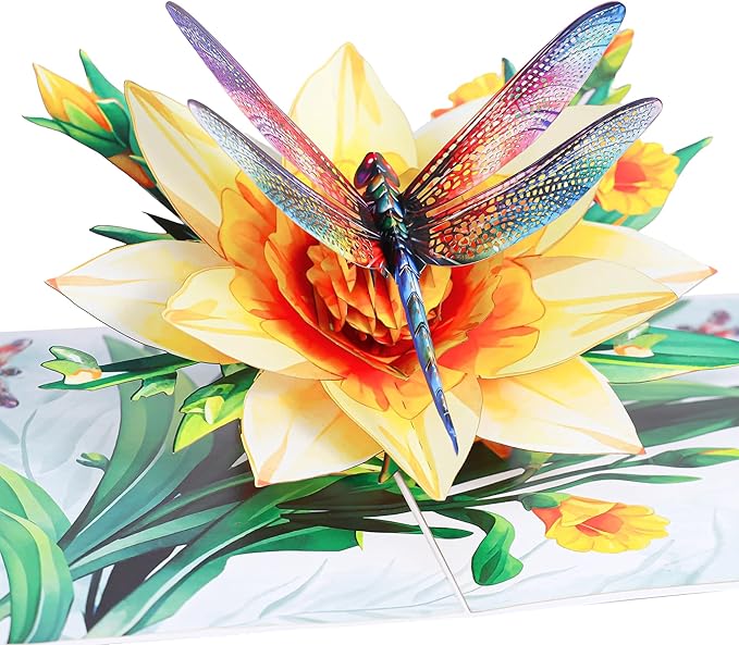 Dragonfly & Daffodils Flower Pop Up Card, 3D Birthday Card for Women, Mom, Gift for Birthday, Mothers Day, Valentines, Thank You, All Occasion for Her, Wife, Grandma, Sister, Daughter, Girlfriends