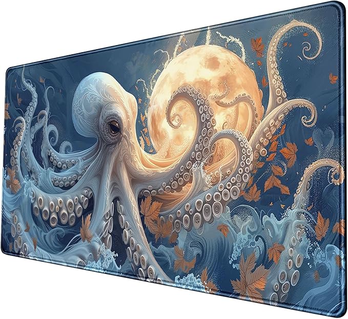 White Octopus Moon Gaming Mouse Pad Xl-31.5x15.7in- Octopi Desk Mat- Blue Extended Aesthetic Keyboard Mouse Pad, Gamer Gifts, Gift for Him/Her