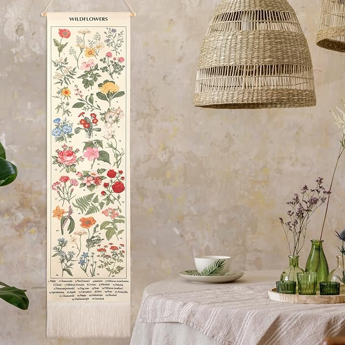 Geetery Vintage Floral Vertical Tapestry Wall Hanging Long Narrow Wall Fabric Flower Hanging Reference Illustrative Botanical Tassel Tapestry for Home Decor Gift(White)