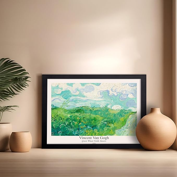 Monem Art Vintage Van Gogh Poster - Retro Green Wheat Fields Auvers Print - Impressionism Art - Fine Art - Landscape Art - Classic Painting Art - Great Living Room Decor - 16x20 Black Framed