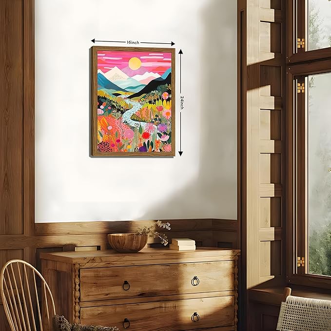 Boho Colorful Mountain Wall Art Set of 3, Abstract Watercolor Landscape Flower Wall Decor Paintings, Modern Nature Sunset Forest Posters Prints for Living Room, Bedroom 16x24 Inch Wood Framed