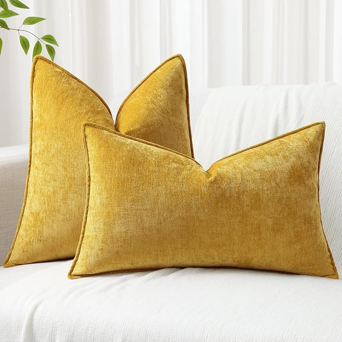 decorUhome Spring Couch Throw Pillow Covers 18x18 Set of 2, Decorative Soft Velvet Neutral Chenille Pillow Covers with Elegant Design for Sofa Bed Living Room Home Decor, Mineral Yellow