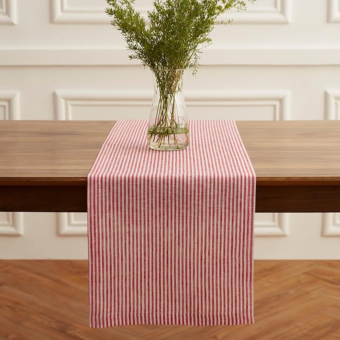 Solino Home Linen Table Runner 60 Inches - Narrow Stripe 100% Pure Linen Red and White Table Runner 14 x 60 Inch Ideal for Dresser and Coffee Tables - Valentines, Winter, Spring, Easter