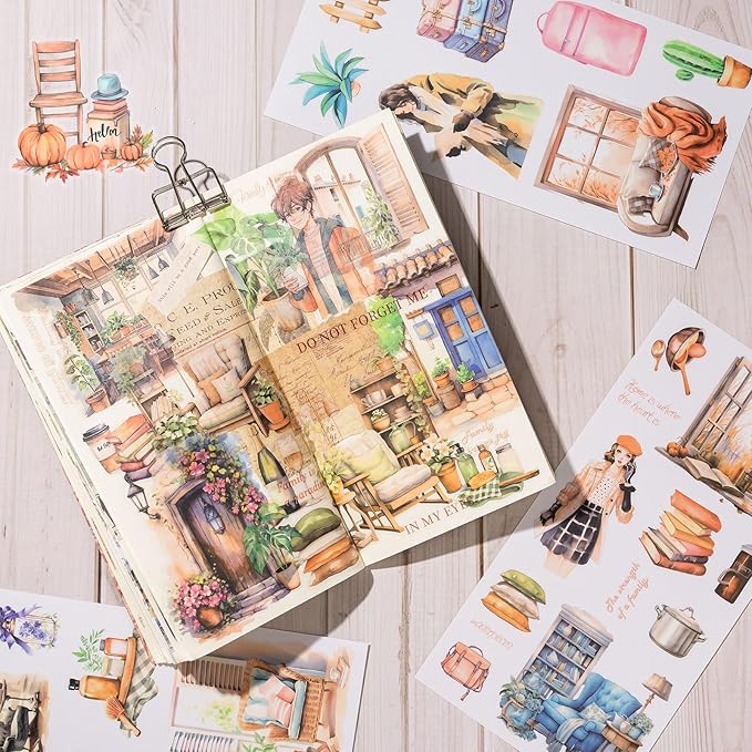 Journaling Sticker Book, 20 Sheets Scrapbook Stickers, Junk Journal Supplies, Pre-Cut Aesthetic PET Materials, Watercolor Scrapbooking for Adults, Decorative Ephemera Planner Arts Craft
