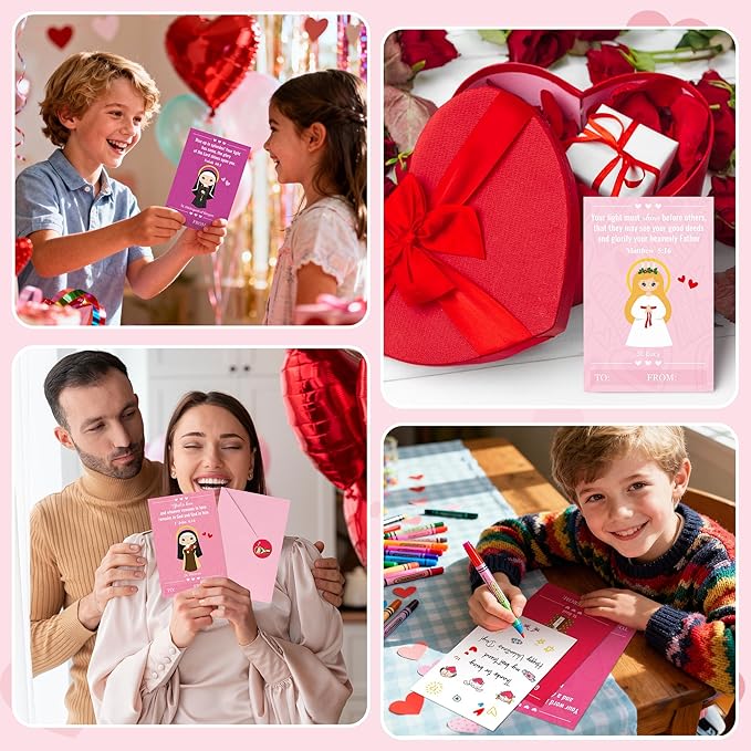 TICIAGA 144pcs Valentine's Day Catholic Church Greeting Card with Envelop for Kids, Religious Character Sticker Bible Notecard Exchange Gift for Boy Girl Sunday School Christian Classroom Party Favor