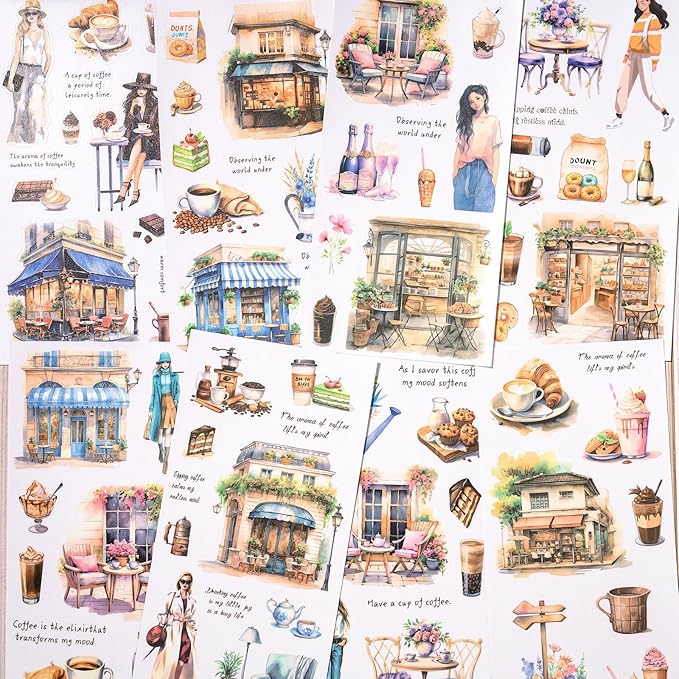 Scrapbook Sticker Book, 20 Sheets Journaling Stickers, Junk Journal Supplies, Pre-Cut Aesthetic PET Materials, Watercolor Scrapbooking Stickers for Adults, Decorative Ephemera DIY Arts Craft