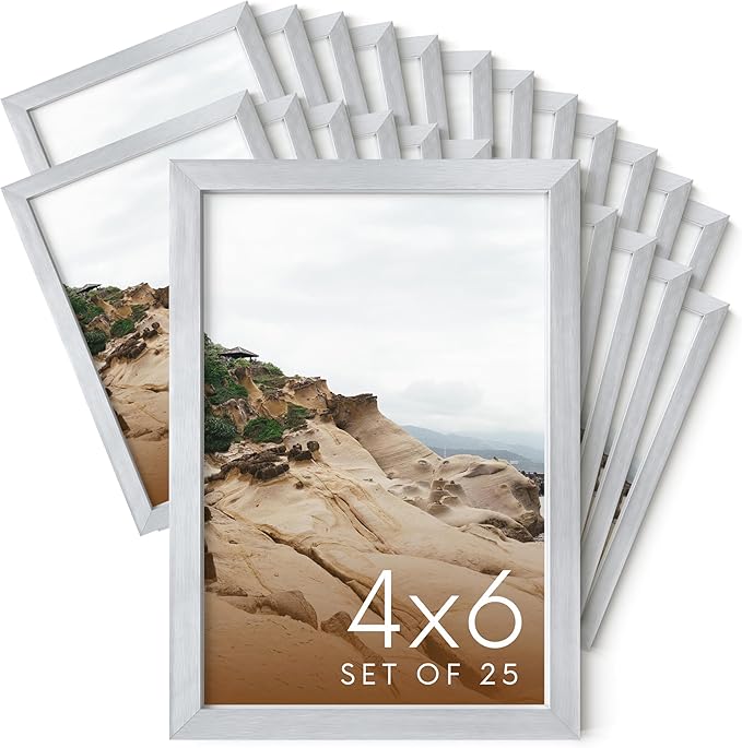 HAUS AND HUES 4x6 Silver Metal Picture Frames - Bulk Frames 4X6 - Features Premium Aluminum, Vertical Hanging, Easel Back for Tabletop, Home, Office (4x6 in, Silver, Set of 25)