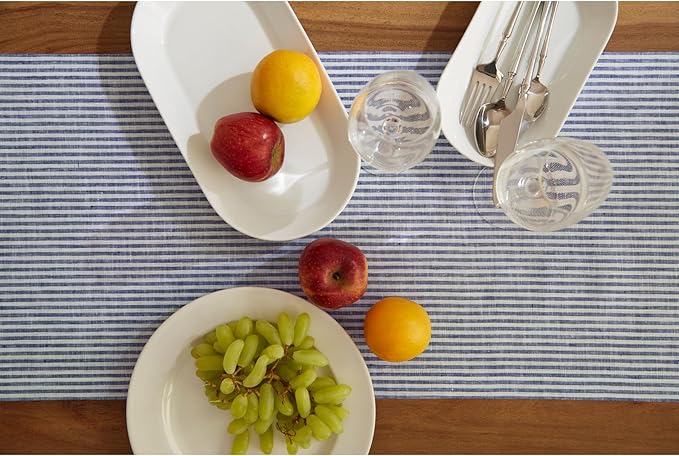 Solino Home Linen Striped Table Runner 60 Inches - Narrow Stripe, 100% Pure Linen Navy and White Small Table Runner 14 x 60 Inch Ideal for Dresser and Coffee Tables - Spring, Easter