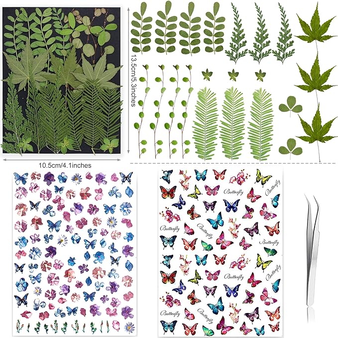 285Pcs 9 Packs Mixed Types Real Natural Dried Pressed Flowers & Leaves for Resin Molds, DIY Crafts, Jewelry Making + 100Pcs Butterfly Stickers + Tweezers