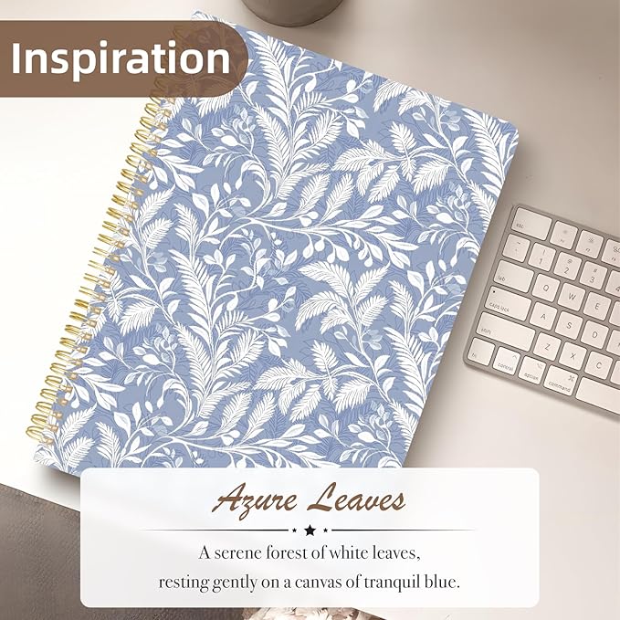 Cute Spiral Notebook journal A4 Aesthetic Pretty Design for Women Girls Kawaii with Pocket, 8.5 x 11 inch, Graph, Blue Leaves