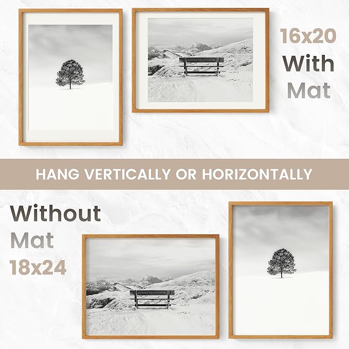 18x24 Poster Frame, USA-Sourced Natural Teak Wood Picture Collage Frame with HD Tempered Glass, Modern Simple 18 x 24 Wooden Photo Frame Matted to 16x20, Vertical & Horizontal Wall Hanging Display