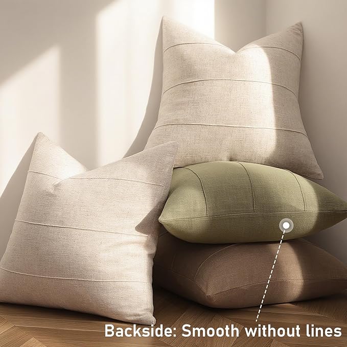 Decorative Linen Throw Pillow Covers 16x16 Set of 2 Solid handcrafted Striped Cushion Covers for Bed Soft Modern Farmhouse Neutral Pillowcase for Couch Bedroom Living Room Home Decor(Natural Beige)