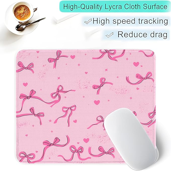 Seorsok Square Aesthetic Ribbon Bows&Shining Stars and Love Mouse Mat Premium Textured Mouse Pads for Office Laptop,Washable Square Mousepads with Extended Stitched Edges Non Slip Rubber Base,Pink