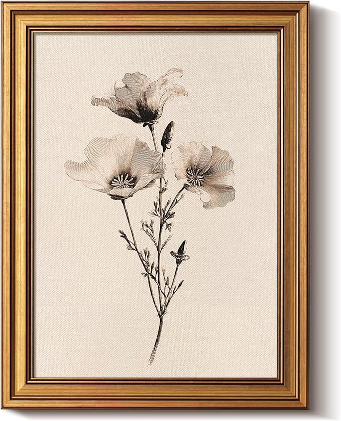 Bzstyleart Vintage Wall Art Decor for Living Room,Poppy Flower Wall Art,Sketch Painting Picture Gold Framed,Vintage Home Decoration,Room Decor Aesthetic for Bedroom Kitchen Bathroom Shelf,12L x 16W