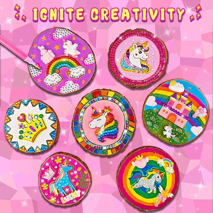 klmars Unicorn Themed Wooden Painting Kit-Glow in The Dark-Arts & Crafts Gifts for Kids Girls Ages 5-12-Wood Slice Craft Activities Kits -Unicorn Art Toys for Kids Christmas Gifts