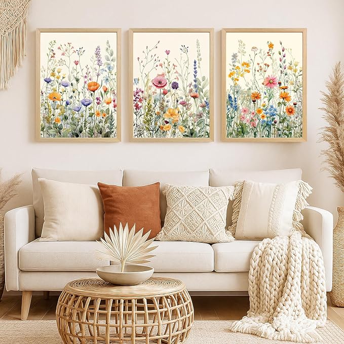 LLEEMPI Watercolor Floral Wall Art Set of 3, Colorful Wildflower Wall Decor, Modern Abstract Botanical Canvas Painting, Rustic Farmhouse Poster Print for Bedroom Bathroom Office Wood Framed 12x16 Inch