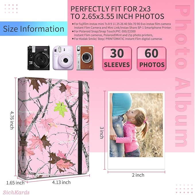 Mini Photo Album 2x3,60 Photos Capacity,PU Leather Cover with Elastic Band,High Definition Waterproof PP Pages for Family Wedding Anniversary Baby Record,Camo Pink