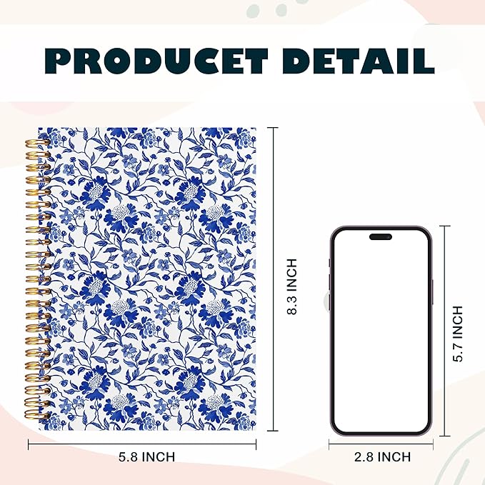 BearCake Chinoiserie Grandmillennial Notebook Journal, Blue Floral Aesthetic Notebook,Blue Aesthetic Office Supplies, Notebooks for Work, Hardcover Spiral Notebook 5.5x8.3