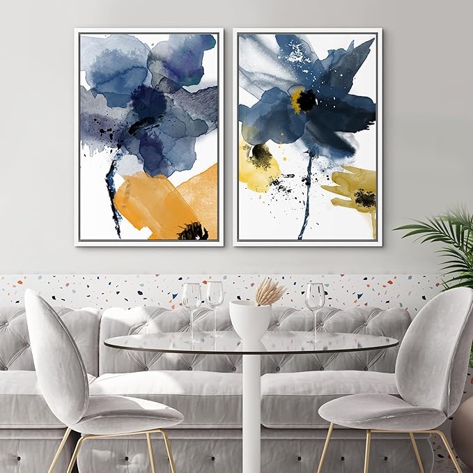 SIGNWIN Framed Wall Art Print Set Watercolor Splash Blue & Yellow Daisies Floral Botanical Illustrations Modern Art Chic Colorful Relax/Calm for Living Room, Bedroom, Office - 16"x24"x2 White