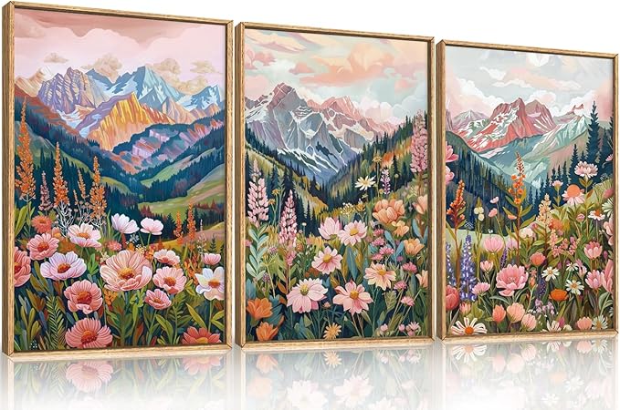 Large Colorful Floral Mountain Framed Canvas Wall Art,Natural Ridge Blossom Wall Decor, Boho Botanical Artwork, Modern Scenery Art Print for Living Room,Bedroom,Office- 24"x36"x3