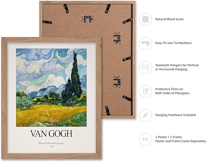 Monem Art Vintage Van Gogh Poster - Retro Impressionist Print - Wheat Field With Cypresses, Trees, Sky, Landscape - Gift for Artist, Friend - Wall Decor for Home, Office, 11x14 Beige Framed
