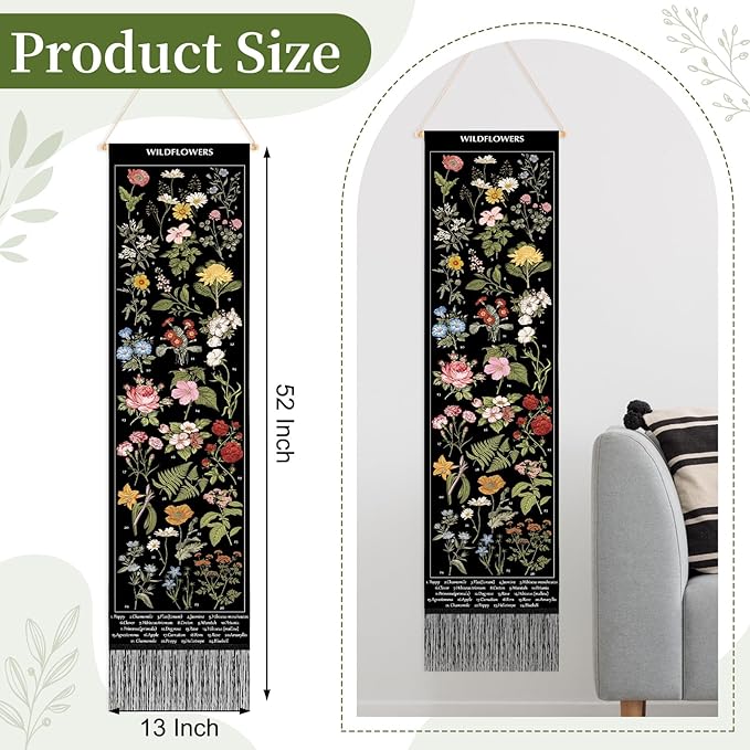 Geetery Vintage Floral Vertical Tapestry Wall Hanging Long Narrow Wall Fabric Flower Hanging Reference Illustrative Botanical Tassel Tapestry for Home Decor Gift (Black)
