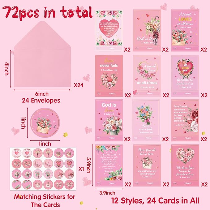 TICIAGA 72PCS Valentine's Day Religious Themed Greeting Cards with Envelop Retro Bible Notecard Sticker for Kids Flower Heartfelt Exchange Gifts for Boys and Girls Christian Classroom Party Favors