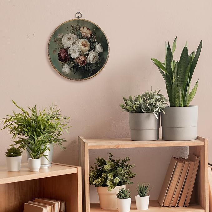 FUGWN Vintage Floral Round Wall Art Decor Framed, Antique Floral Canvas Artwork Prints, Retro Cottagecore Farmhouse Flower Wall Hanging Decorations for Home Bedroom Living Room, 10x10 Inch