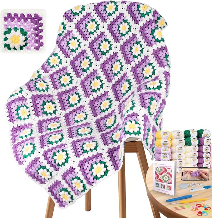Coopay Blanket Crochet Kit for Beginners, All-in-One Granny Square Blanket Kit with Step-by-Step Video & Enough Yarns - Master 3D Granny Square Crocheting Easily, Ideal Gift for Craft Lovers (Purple)