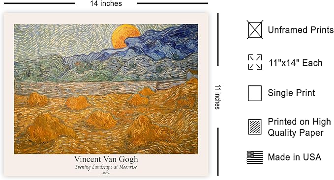 Monem Art Vintage Van Gogh Poster - Retro Evening Landscape at Moonrise Print - Impressionism Art - Fine Art - Classic Painting Art - Aesthetic Living Room Wall Decor - 11x14 UNFRAMED Wall Art