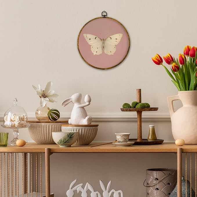 Mcehtle Vintage Butterfly Pink Wall Art Decor, Retro Cottagecore Butterfly Farmhouse Framed Canvas Prints 10x10, Neutral Moody Round Wall Hanging Artwork Decorations for Girls Bedroom Living Room