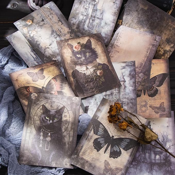 180 Sheets Dark Fantasy Gothic Vintage Cat Rose Decoupage Paper for Scrapbooking, Collage Art Projects, Antique Graveyard & Haunted Castles, Vintage Halloween Junk Journal Craft Paper