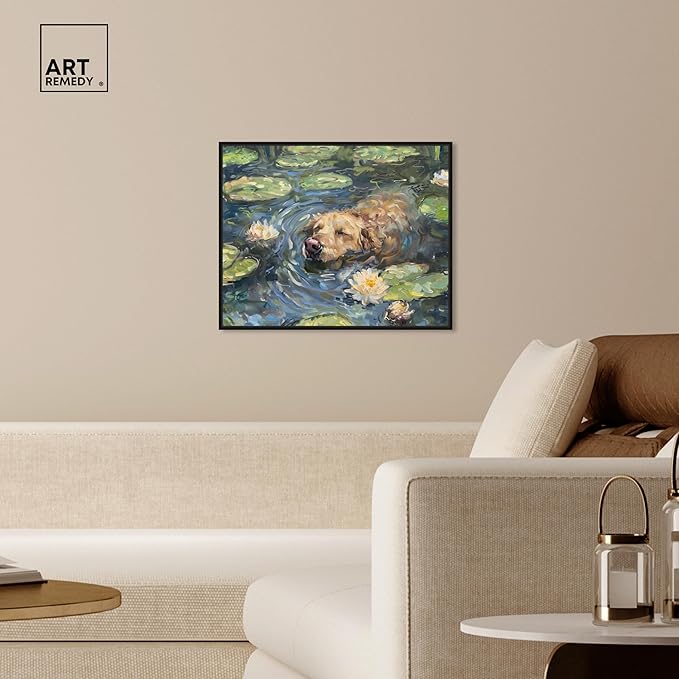 Art Remedy Monet Water Lilies Dog Rustic Chic Farmhouse Canvas Wall Art, Black Floater Frame, 24"x20"