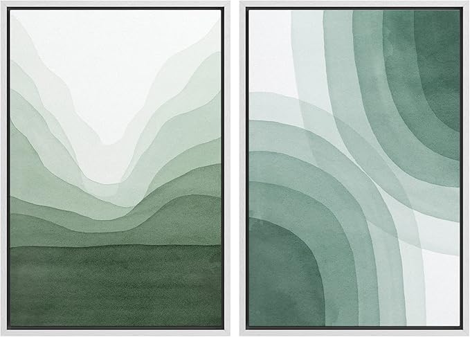 SIGNWIN Framed Canvas Print Wall Art Set Pastel Watercolor Green Wave Illusion Abstract Shapes Illustrations Modern Art Minimal Boho Colorful for Living Room, Bedroom, Office - 24"x36"x2 White