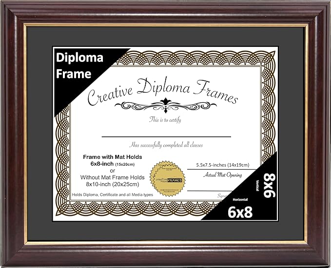 Creative Picture Frames 6x8 Mahogany Gold Rim Diploma Frame with Black Mat Glass Easel and Installed Wall Hangers | Frame Holds 8x10 Media without Mat