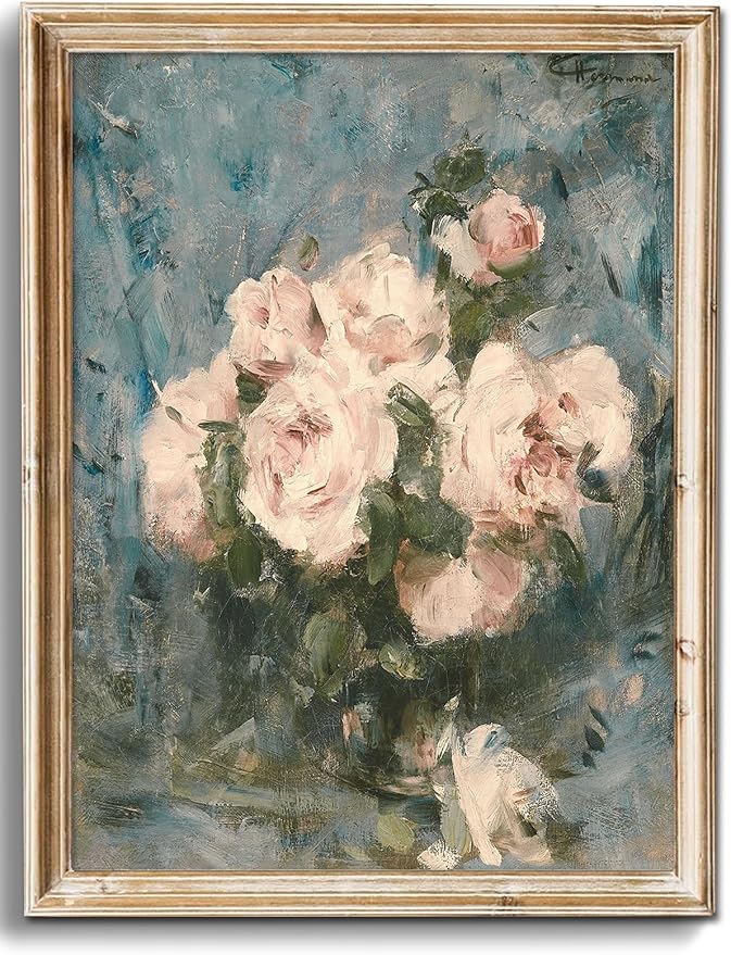 uniro Vintage Floral Wall Art, Retro Flower Botanical Painting, Farmhouse Wall Decor Rustic Still Life Pink Roses Canvas Prints Painting French Decor, Vintage Art Pictures for Bedroom Bathroom ( 8" x 10"-UNFRAMED)