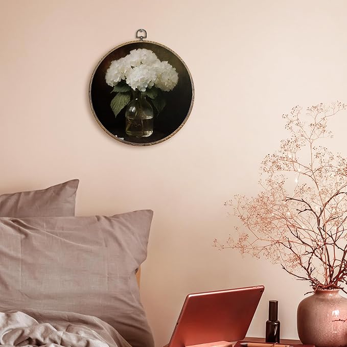 FUGWN Vintage White Hydrangea Floral Round Wall Art Decor Framed, Retro Cottagecore Hydrangea Canvas Artwork Prints, Dark Moody Flower Wall Hanging Decorations for Home Bedroom Living Room, 10x10 Inch