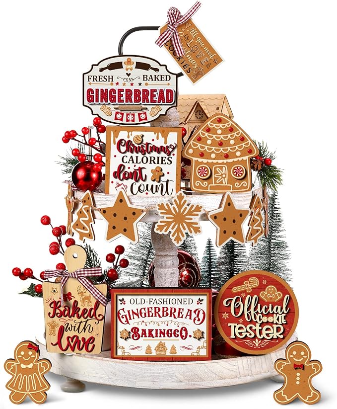 Kajaia 15 Pcs Christmas Tiered Tray Decor Winter Tiered Tray Decorations Set Snowman Snowflake Gingerbread Man Hot Cocoa Wooden Signs Farmhouse Christmas Table Decorations(Gingerbread Man)