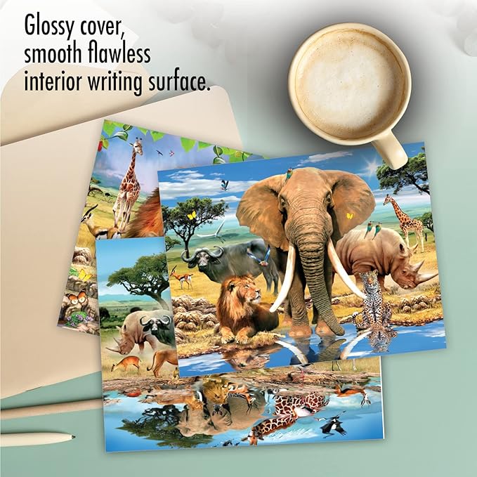 The Best Card Company - 10 Blank Animal Cards Boxed (4 x 5.12 Inch) - Assorted Pets, Zoo, Wildlife Cards for Kids - Savanna Selfies M6640OCB