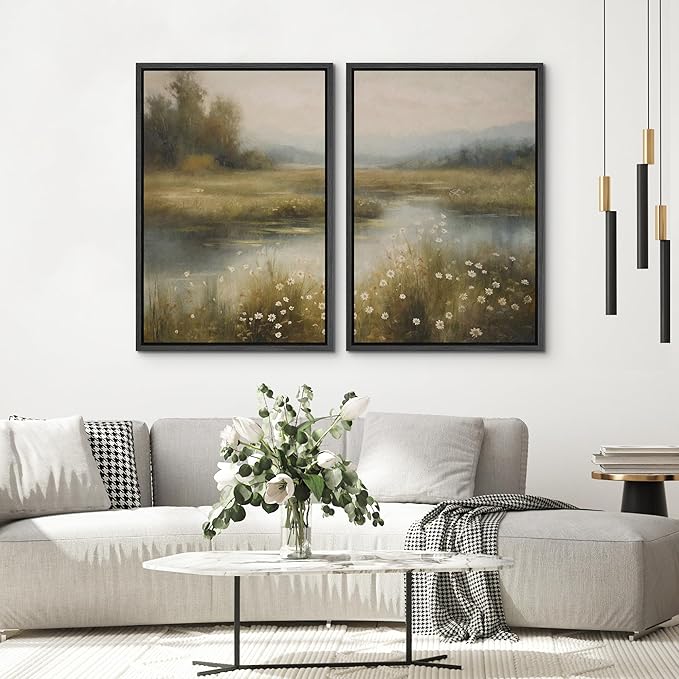 SIGNWIN Framed Canvas Print Wall Art Set Serene Marshland Landscape Rustic Illustration Modern Art Minimalism Decorative for Living Room, Bedroom, Office - 24"x36"x2 Black