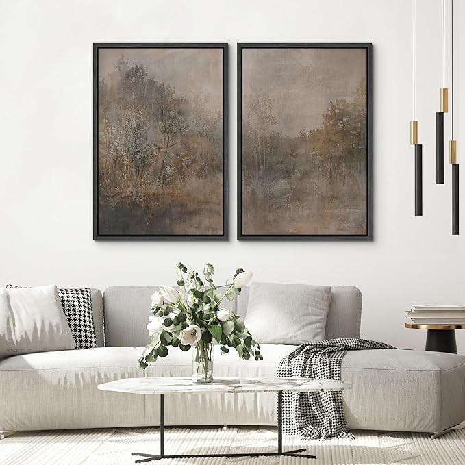 SIGNWIN Framed Canvas Print Wall Art Set Misty Forest Landscape Neutral Woodland Nature Illustrations Modern Art Scenic Colorful for Living Room, Bedroom, Office - 24"x36"x2 Black