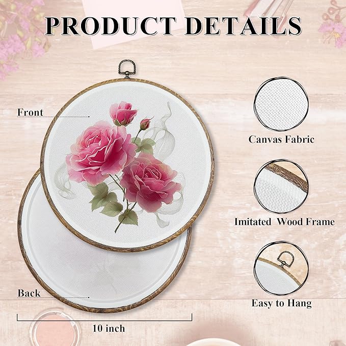 FUGWN Vintage Pink Rose Round Wall Art Decor Framed, Cottagecore Floral Canvas Artwork Prints, Rustic Retro Pink Flower Wall Hanging Decorations for Home Bedroom Living Room, 10x10 Inch