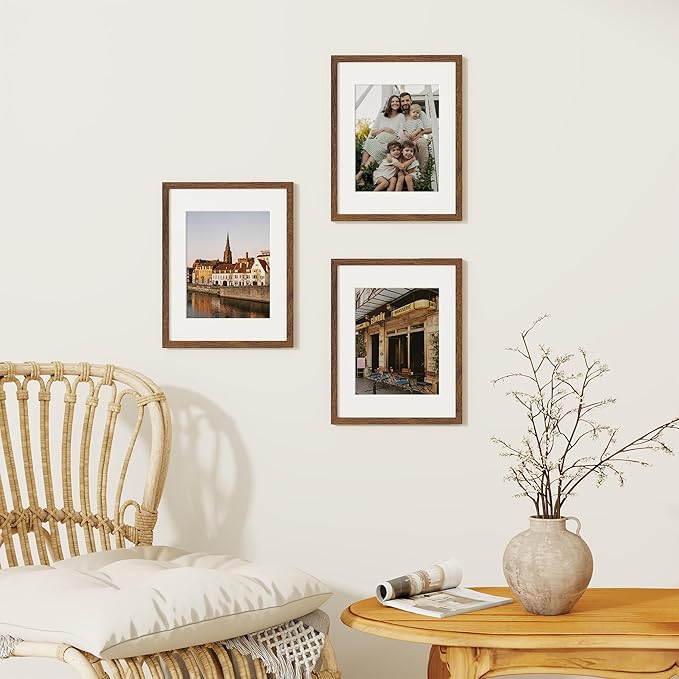 Dreamland 11x14 Picture Frame, Solid Oak Wood Photo Frame with Mat for 8x10, 11 x 14 Matted Picture Frames with Resistant Plexiglass for Wall Art Photo and Prints, Walnut Color, Set of 1