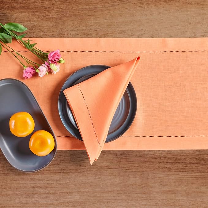 Solino Home Linen Coral Table Runner 132 Inches Long - 100% Pure Linen Extra Long Table Runner 14 x 132 Inch for Valentines, Spring, Easter - Classic Hemstitch
