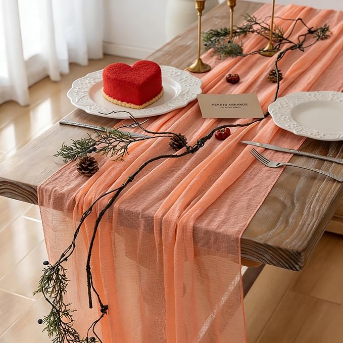 Keketoarrange Fresh Salmon Cheesecloth Table Runner Valentines Decor Peach Echo Gauze 120 Inch 10 FT Boho Table Runner for Wedding Baby Shower Bridal Shower Party Sheer Spring Home Decorations